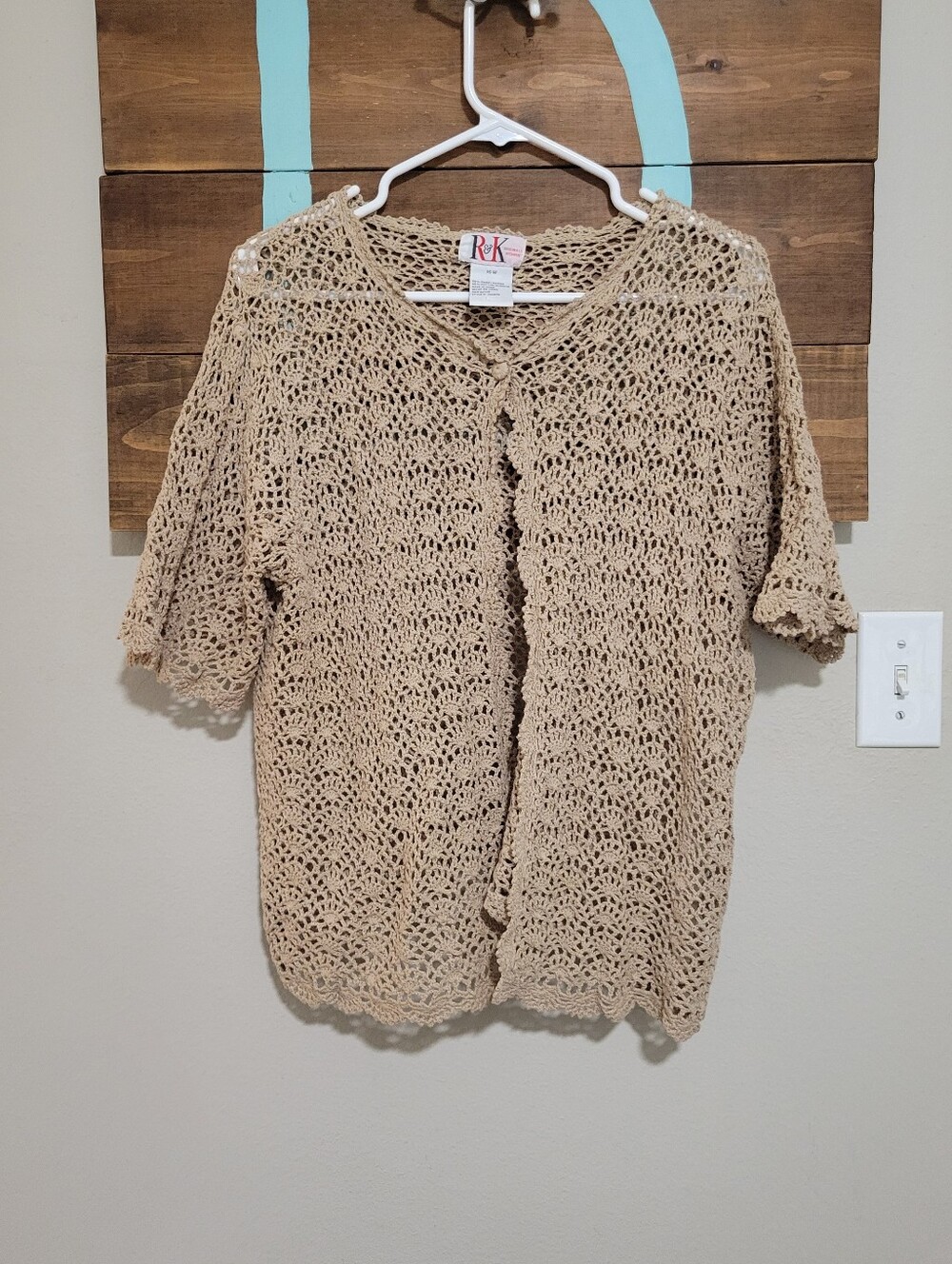 Vintage Beige Crochet Short-Sleeve Coastal Grandma Cottage Cardigan Sweater